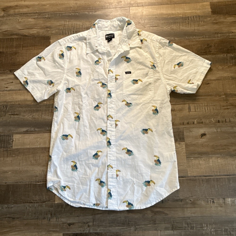 Matix Men's Ivory Toucan Beer Print Button Up Shirt Sz S Beach